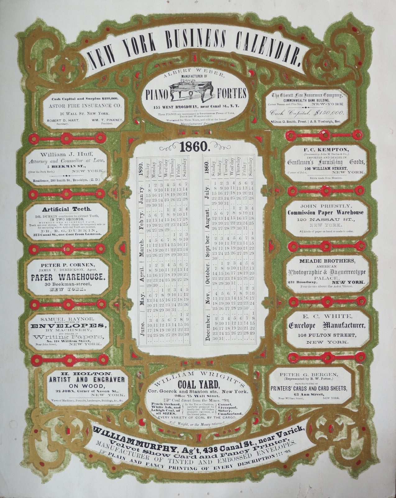 Item #17833 NEW YORK BUSINESS CALENDAR. 1860. Printer's Trade Card.