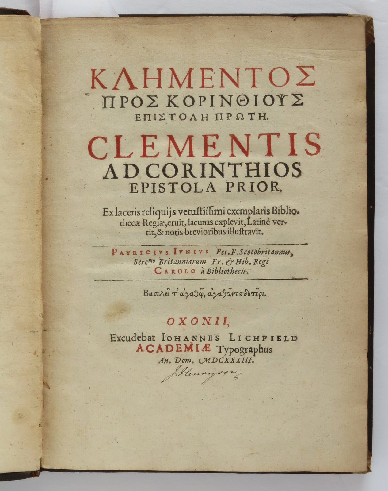 Item #18705 [Title in Greek] Clementis ad Corinthios Epistola Prior. Pope Clement I.