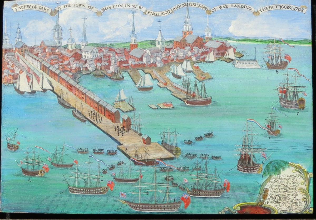 A VIEW OF PART OF THE TOWN OF BOSTON IN NEW ENGLAND AND BRITISH SHIPS OF WAR LANDING THEIR...