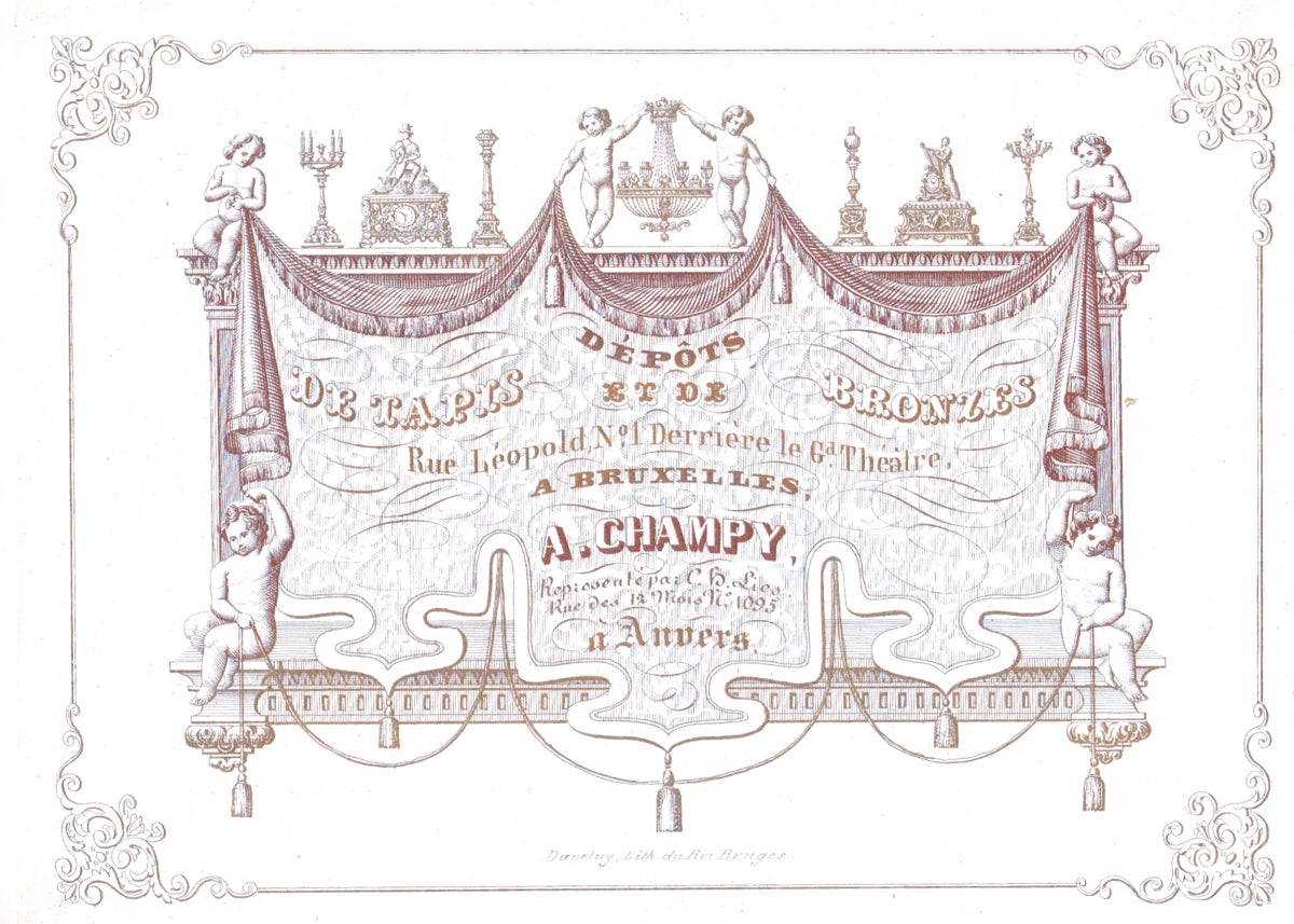 Item #18494 Dépôts de Tapis et de Bronzes. Carte Porcelaine. Belgian trade card for tapestries,...